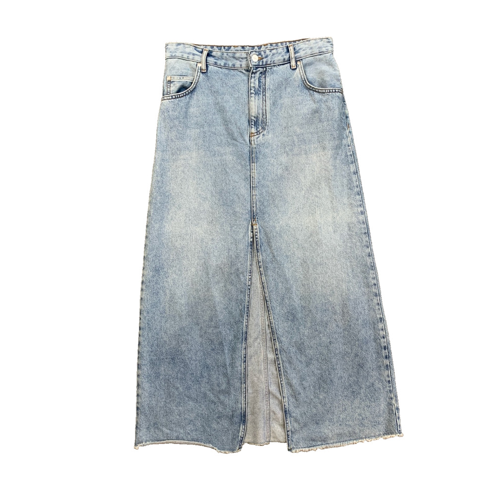 Pilcro Skirt Womens 12 Blue Denim Jean Madi Slit Front Frayed Hem Zip Fly Midi